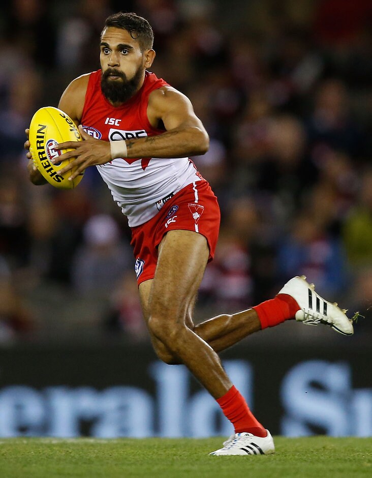 AFL 2015 Rd 22 - St Kilda v Sydney MELBOURNE, AUSTRALIA - AUGUST 30: Lewis Jetta of the Swans in action during the 2015 AFL round 22 match between the St Kilda Saints and the Sydney Swans at Etihad Stadium, Melbourne, Australia on August 30, 2015. (Photo by Adam Trafford/AFL Media)